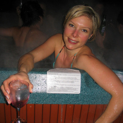 Wine in a hot tub is not a good idea, but once in a while its not a bad thing