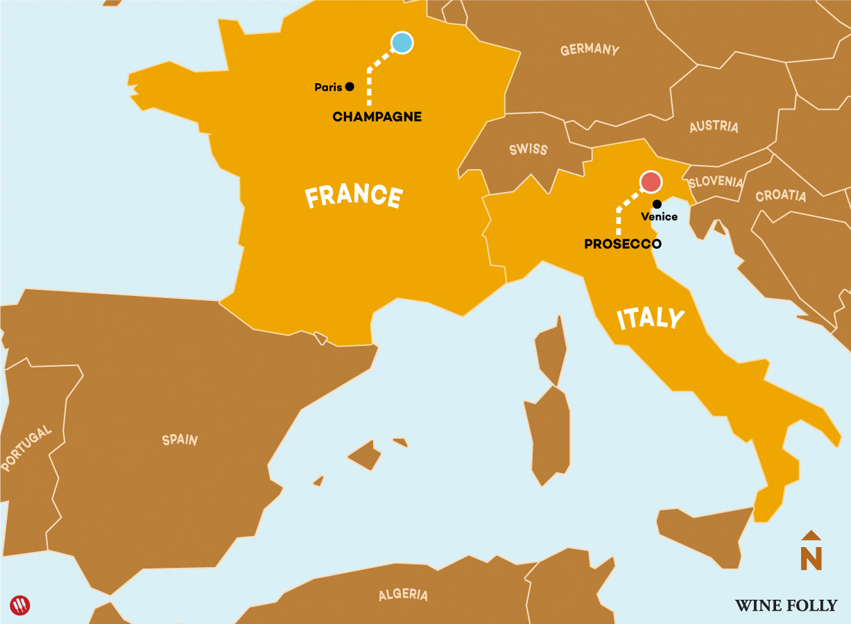 Un Mapa de vinos de las Regiones de Champagne y Prosecco en Europa-Wine Folly