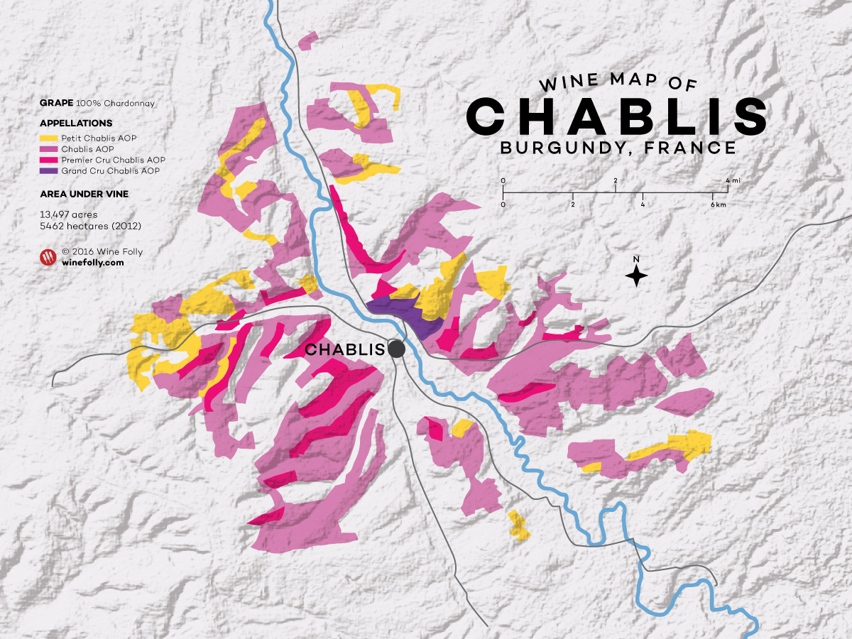 Chablis Víno Mapu v Burgundsku, Francie Víno Pošetilost