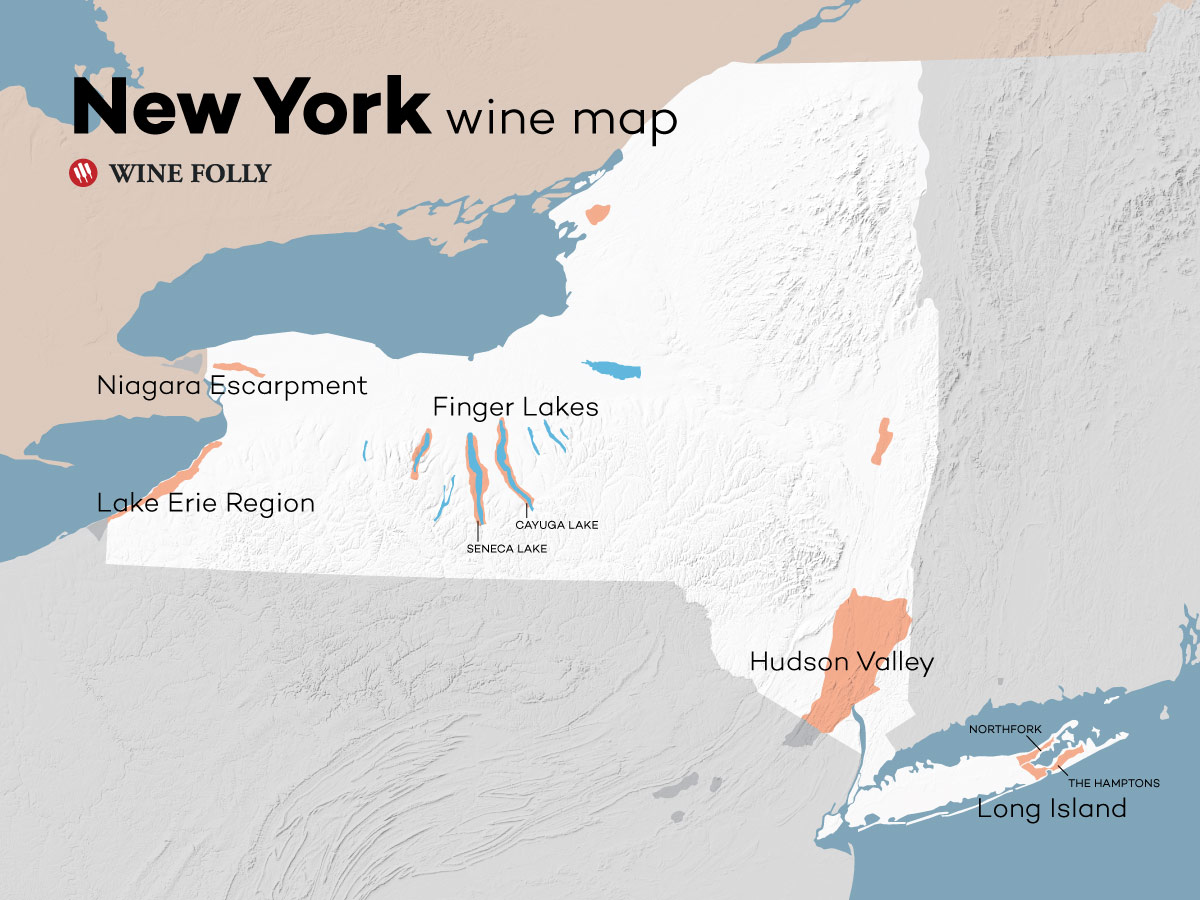 Mapa de las regiones vitivinícolas de Nueva York por Wine Folly