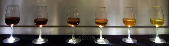 Colors of different port wine styles in port glasses