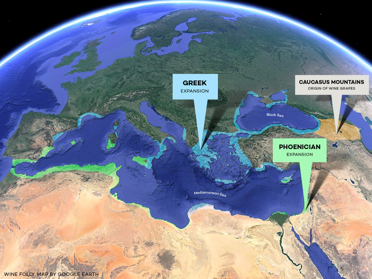 Como as Uvas de Vinho se Espalham pela Europa mapa através do domínio fenício grego