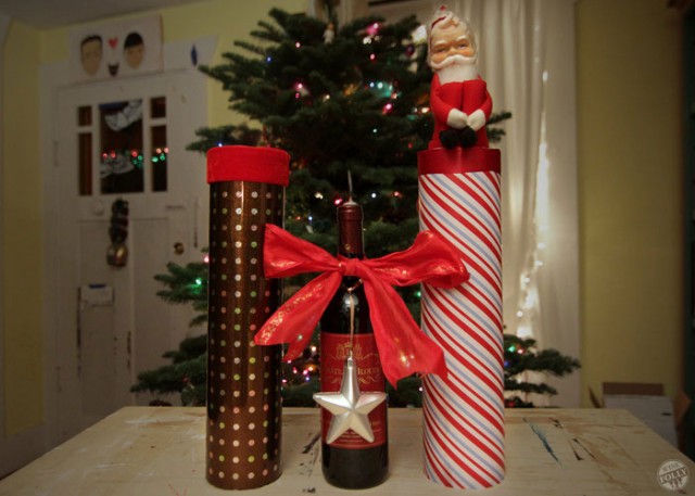 mailing tube and wrapping paper to wrap a wine bottle for Christmas