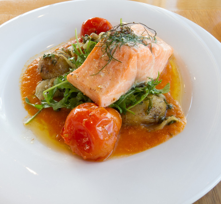 Poached Salmon with roasted potatoes, tomato, rocket and dill