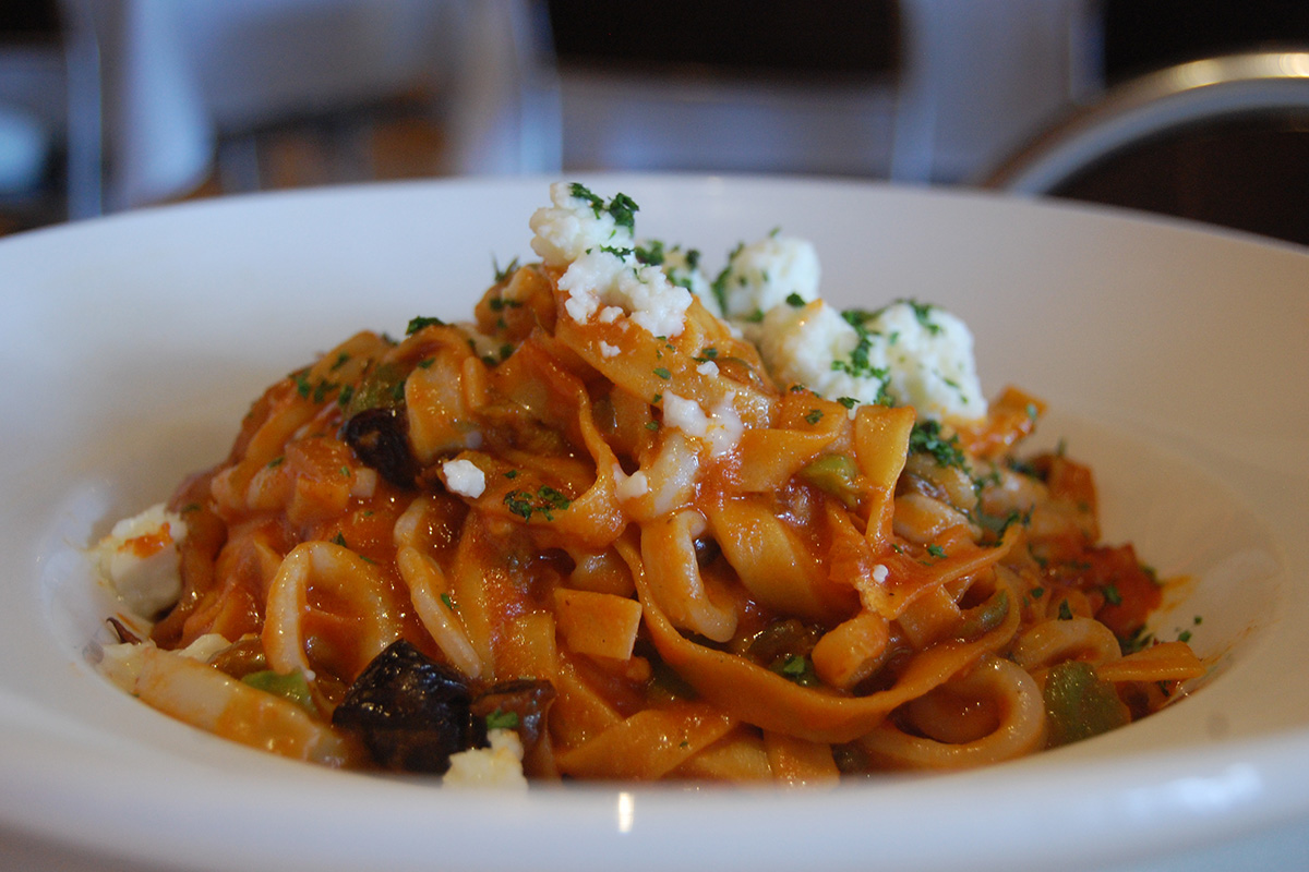 Pasta puttanesca for a wine dinner.